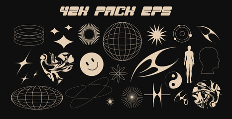 Vector Graphic Assets Set. Bold modern Shapes for Posters Template, flyers, clothes, social media, graphic design, sticker, In Y2k style, Futuristic, Anti-design, Digital Collage, Retro Futurist.