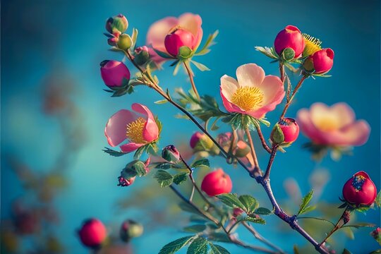 spring border, blooming rose bush on a blue background. Flowering rose hips against the blue sky. Soft selective focus