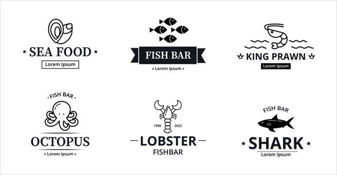 Sea fish logo. Fresh marine food. Black silhouette emblem for deep maritime business with water animals. World ocean characters. Seafood bar sign design. Vector geometric recent icons set