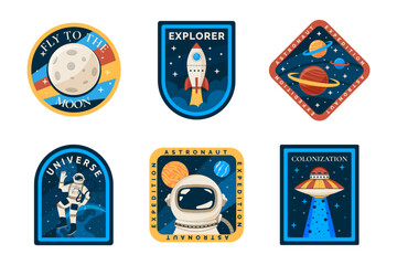 Astronaut space patch, colorful logo design, label or badge set. Boy t shirt stickers for mars mission with galaxy rocket, retro planets and stars. Vector graphic garish emblems collection - obrazy, fototapety, plakaty