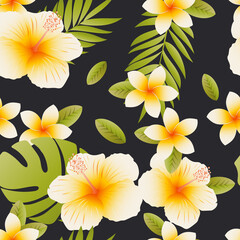 Plumeria and hibiscus. Tropical flowers and leaves on a black background. Seamless cute pattern with exotic plants. 
