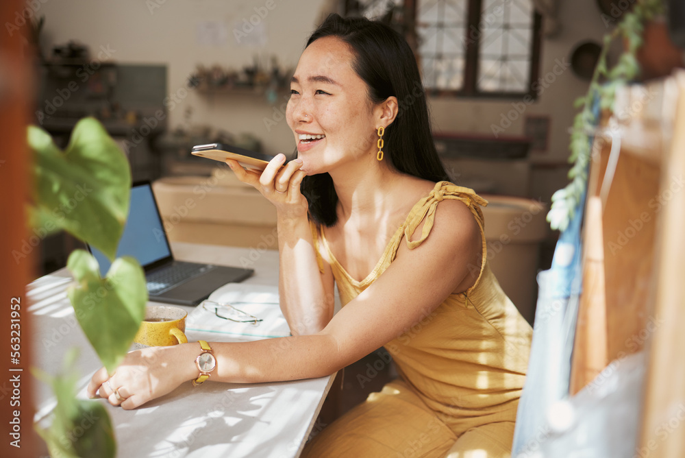 Poster phone call, voice message and woman thinking of communication, networking and planning a blog. talki
