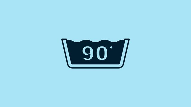 Blue Washing under 90 degrees celsius icon isolated on blue background. Temperature wash. 4K Video motion graphic animation