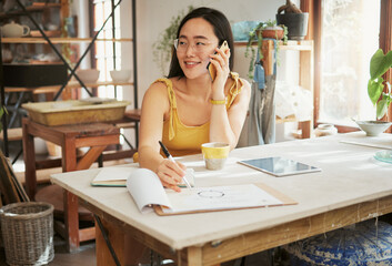 Phone call, illustration and Asian woman for creative startup in planning, conversation and talking...