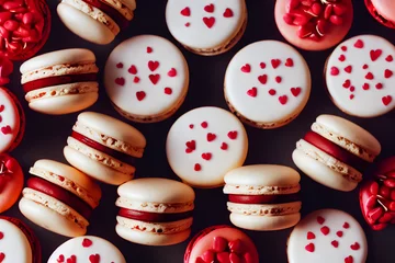 Foto op Aluminium valentine's day french macaroons, macarons, red, pink and white assortment of romantic dessert, roses and heart sprinkles © Lemone