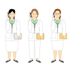 A set of female doctors, surgeons, dentists, veterinarians, white background with a cellphone