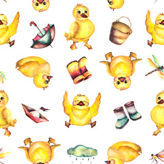 Pattern. Watercolor baby illustration. Watercolor baby pattern with ducklings, boots umbrella and ships