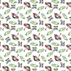 Pattern. Watercolor baby illustration. Watercolor baby pattern with ducklings, boots umbrella and ships