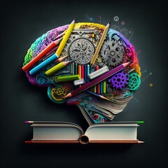 Brain, books, pencils and gears. Concept for learning new skills, education and creativity. Generative AI.