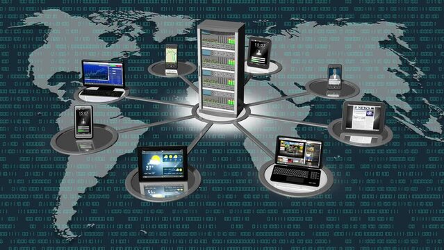 Filmato. Illustrazione 3D. Sfondo mondo digitale. Sequenza di zero e uno concetto di connessione globale tra persone, social network, e dispositivi informatici.