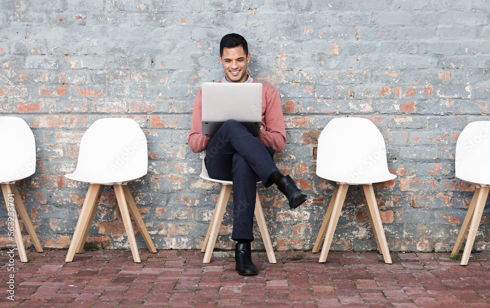 Poster laptop, recruitment or startup man for digital agency interview on tech waiting for recruitment, hr 