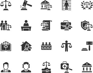 Vector set of law flat icons. Contains icons justice, court, ethics, legal services, courthouse, lawyer, judge, criminal and more. Pixel perfect.