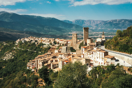 The historic hilltop Italian village of Pacentro in the province of L'Aquila in Abruzzo.