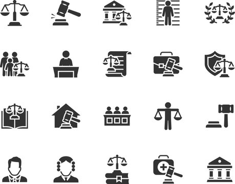 Vector set of law flat icons. Contains icons justice, court, ethics, legal services, courthouse, lawyer, judge, criminal and more. Pixel perfect.