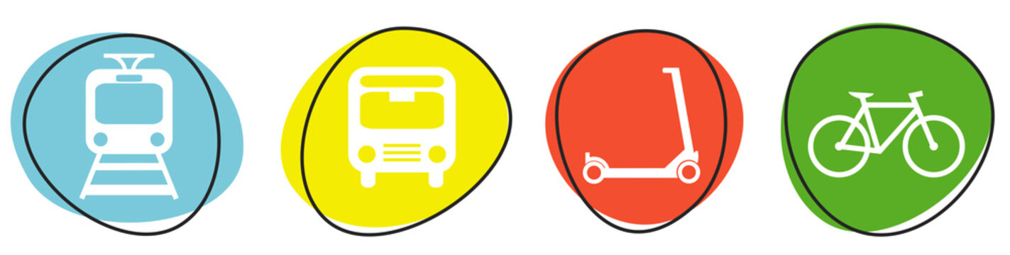 Banner mit 4 bunten Buttons: Mobilität - Bahn, Bus, Roller und Fahrrad