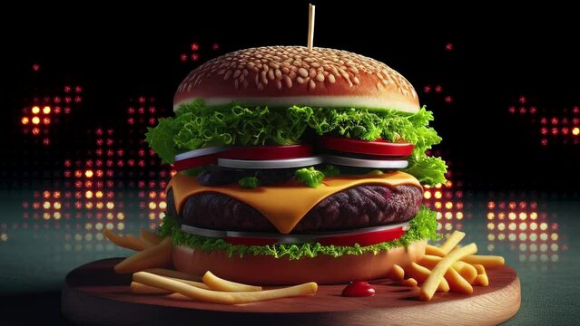 Video eines heroischen Cheeseburger / Burger vor Flammen / Funken. 