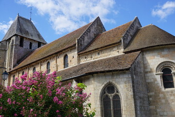 Fototapeta premium closeup of an old stone church near a pink crepe myrtle tree in France