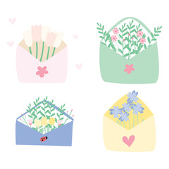 Hand holding envelope with spring wildflowers bouquet. Hello gorgeous. Happy womans day. Happy Mothers day. 8 march. Hand drawn illustration