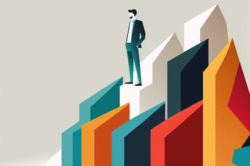 Abstract illustration of a person who climbs the financial chart, goes to his goal and success