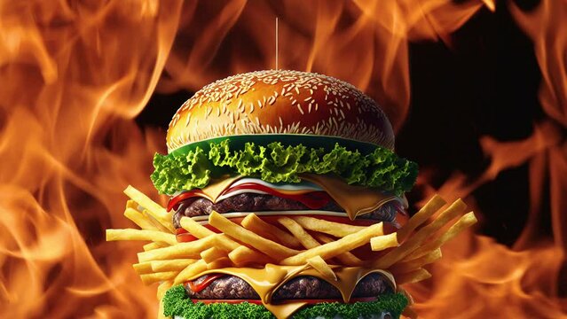 Video eines heroischen Cheeseburger / Burger vor Flammen / Funken. 