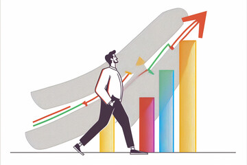 Abstract illustration of a person who climbs the financial chart, goes to his goal and success