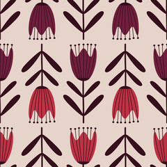 Colorful red tulips flowers in flat style hand drawn vector illustration. Scandinavian floral ornament seamless pattern for fabric or wallpaper.