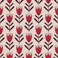 Red tulips flowers in flat style hand drawn vector illustration. Vintage floral ornament seamless pattern for fabric or wallpaper.