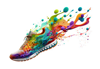 Sport shoes with color paint splash. Conceptual  illustration for marathon or jogging or run festival. Isolated design element on the transparent background. Generative AI. - obrazy, fototapety, plakaty