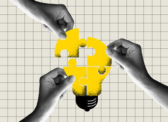 Team metaphor. people connecting puzzle elements of a bulb symbolizing creative idea. Vector illustration collage design style. Symbol of teamwork, cooperation, partnership. - obrazy, fototapety, plakaty