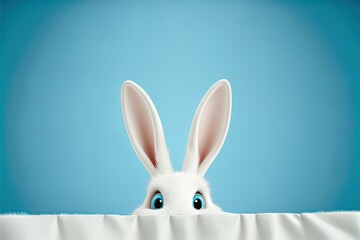 Cute easter rabbit sticking out green grass corner on blue sky background with empty space for text or product. Currious small bunny symbol of spring and easter