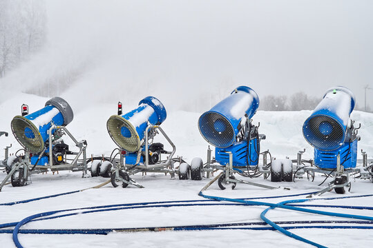 Snow cannons make snow for the ski run