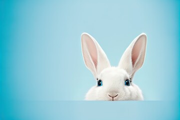 Cute easter rabbit sticking out green grass corner on blue background with empty space for text or product. Currious small bunny symbol of spring and easter