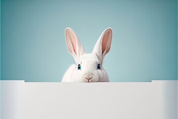 Obraz premium Cute easter rabbit sticking out green grass corner on blue background with empty space for text or product. Currious small bunny symbol of spring and easter