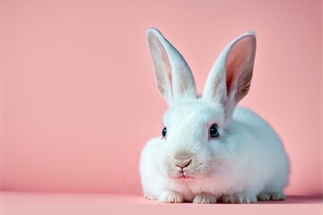Obraz premium Cute easter rabbit sitting on pink background with empty space for text or product. Currious small bunny symbol of spring and easter