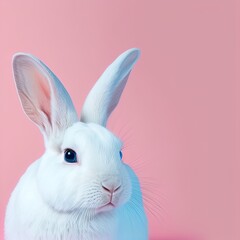 Obraz premium Cute easter rabbit sitting on pink background with empty space for text or product. Currious small bunny symbol of spring and easter