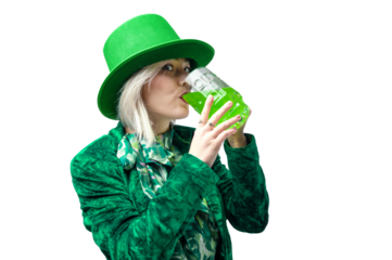 PNG Shot of a beautiful smiling woman wearing green hat. St. Patrick's Day celebration. Transperent background.