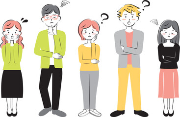 悩んでいるカジュアル姿の若い男女　全身　複数　3c