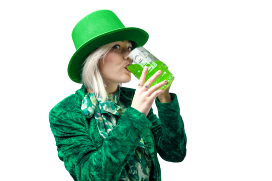 PNG Shot of a beautiful smiling woman wearing green hat. St. Patrick's Day celebration. Transperent background.