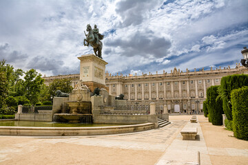 Equestrian monument to Philip IV in the gardens of the royal palace in the Plaza de Oriente, Madrid - 563237508