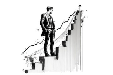 Abstract, simple, ink illustration of a man going towards his goal, overcoming difficulties