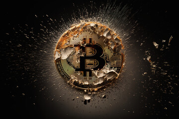 Bitcoin symbol shattered into pieces, created with Generative AI technology