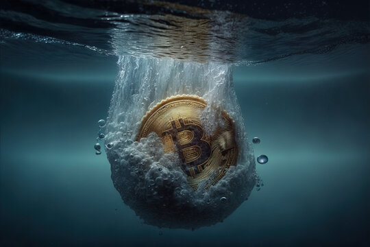 Bitcoin going down, drowing in the water, created with Generative AI technology
