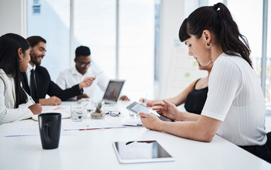 Fototapeta premium Woman, office and tablet at business meeting with analytics, planning and reading data with people. Corporate teamwork, mobile touchscreen tech or together for documents, finance or strategy