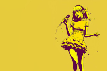 Illustration street art style of a singer girl on yellow background - AI generative