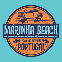 Abstract stamp or emblem with the name of Marinha Beach, Portugal, vector illustration