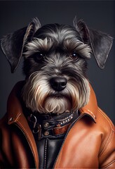 Miniature Schnauzer wearing a leather jacket - Dog Breed Portrait