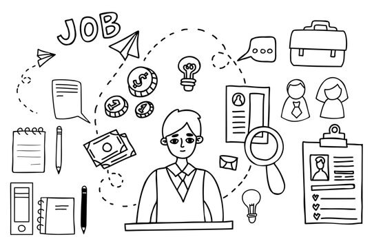 Collection business doodle. Guy office worker with arrows, money, coins and resume. concept of planning, strategy, ideas, job search. Isolated vector Outline drawings. Male business character.