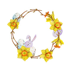 Watercolor hand drawn Easter celebration clipart. Circle wreath with eggs, bunnies, daffodil crocus flowers, leaves. Isolated on white background. Invitations, gifts, greeting cards, print, textile