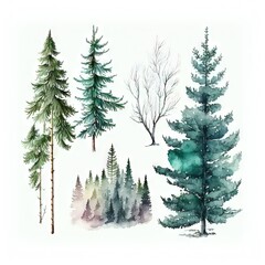 Obraz premium Aquarelle sertie d'arbres à feuilles persistantes d'hiver sauvage. Pin, épicéa, bouleau, sapin.