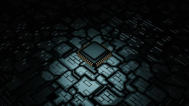 Computer chip activates the motherboard with a futuristic zoom in animation, Digital pulses and signals from the chip, Micro chip activate and deactivate, Seamless loop, 3D Rendering